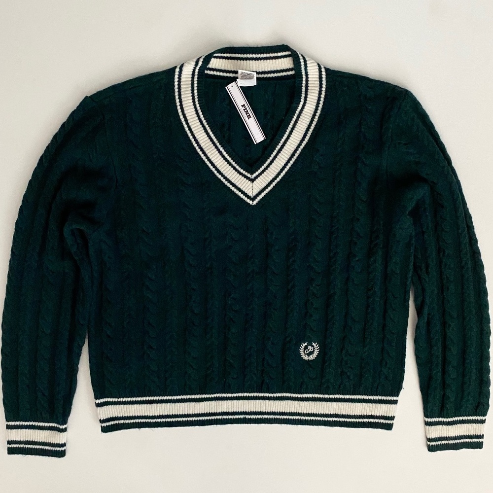 PINK Victoria's Secret Sweater Soft Cable Knit Varsity Green Pullover Crest Nwt